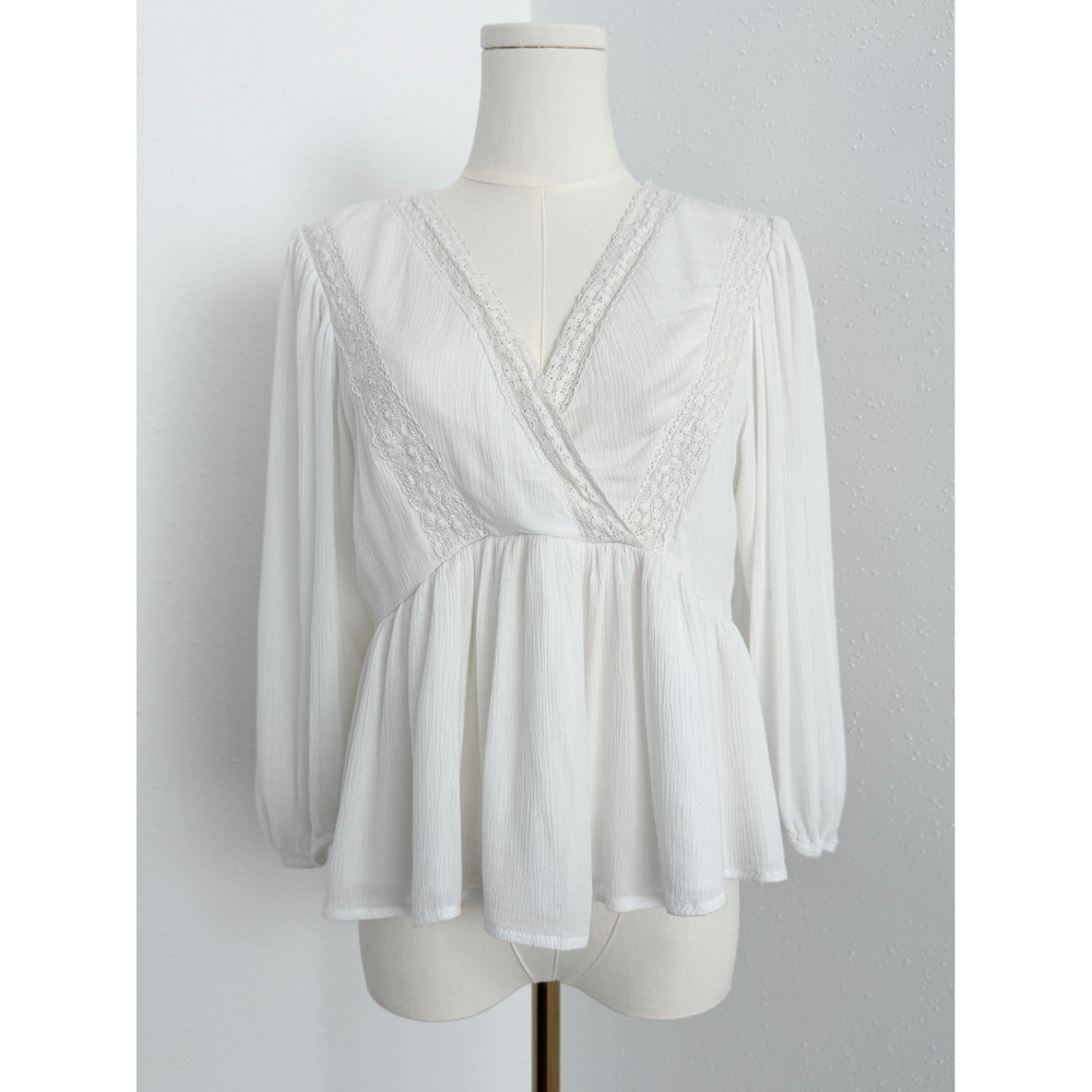 Hollister White Babydoll Faux‎ Wrap Long Sleeve Crochet Trim Boho Prairie Top S
